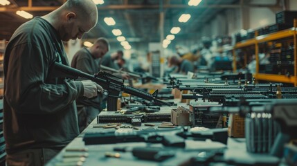 workers assembling firearms on the production line inside the factory
 - obrazy, fototapety, plakaty