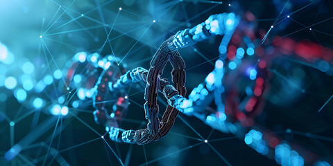 side view of double helix structure of DNA molecule,  gene therapy that targets inherited diseases, polynucleotides ,  Big data digital code Data Communication and Transfer of DNA Biology - obrazy, fototapety, plakaty