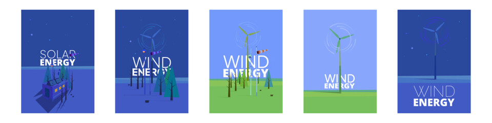 Set of ecology and environment poster and banner for print. Solar and wind energy vector illustration. 