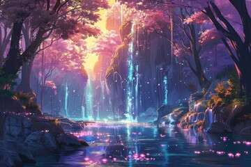 The enchanted forest dazzled with trees boasting crystal foliage and a radiant river flowing through