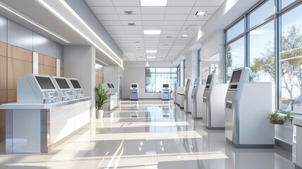Virtual bank interior with rendered teller stations and A - obrazy, fototapety, plakaty