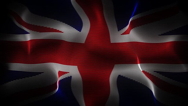 United Kingdom (UK) flag waving in the wind on black background. Concept of patriotism, symbol of statehood and national identity. Flapping British flag made of wavy digital lines, 4K looped video