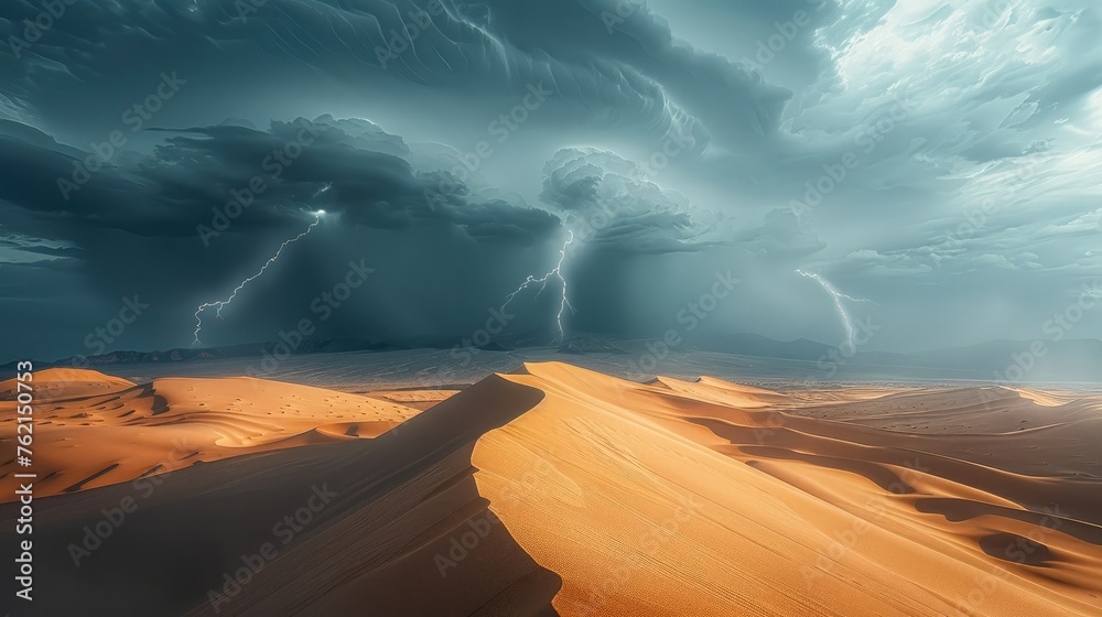 Poster sweeping sand dunes stretch out under a tempestuous sky. generative ai.
