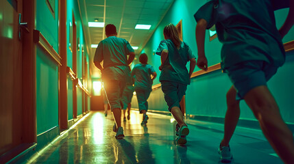 Medical team sprinting in hospital corridor high urgency low angle vivid detail