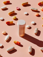 Photograph a minimalist composition of various tablets capsules