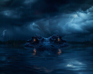On a stormy with dark clouds brooding overhead the calm surface of a remote lake is suddenly disturbed by the emergence of a monstrous head The creatures eyes glow reflecting the lightning - obrazy, fototapety, plakaty