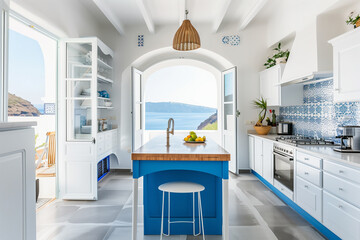 A large white kitchen with a view of the ocean - obrazy, fototapety, plakaty