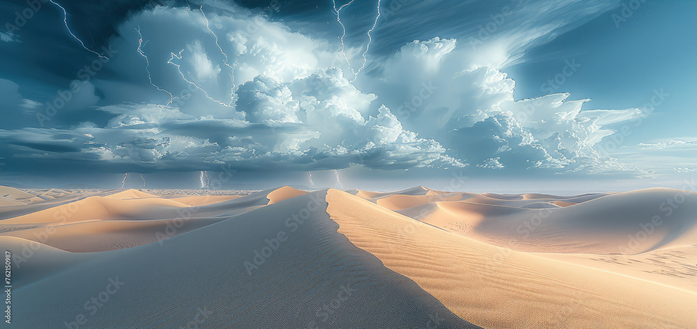 Poster sweeping sand dunes stretch out under a tempestuous sky. generative ai.