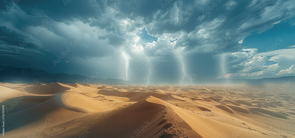 Poster sweeping sand dunes stretch out under a tempestuous sky. generative ai.