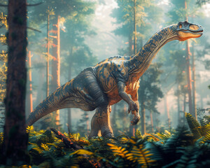 A majestic Apatosaurus grazes among towering ferns under the soft light of a late Cretaceous afternoon