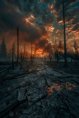 A once lush forest now stands barren with skeletal trees under a sky choked by wildfire smoke