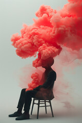 A realistic 3D rendering of a man seated on a minimalist chair a vibrant pink cloud floating above his head
