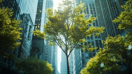 Trees growing in urban landscapes, their leaves absorbing plastic pollution, transforming cities