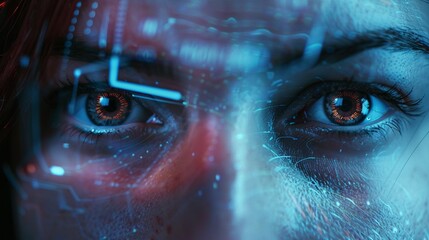 Zombie apocalypse survivor in a holographic hideout, planning escape routes, close-up on determined eyes