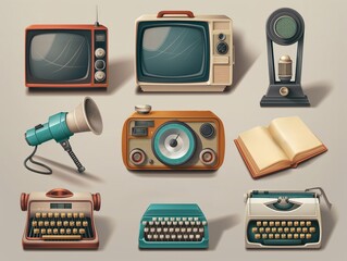 A variety of retro electronic devices and office equipment elegantly displayed on a neutral background.