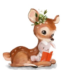 cute fawn and hare reading a book