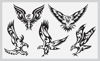 Vector illustrations set of attacking tribal eagles, great for vehicle graphics, stickers and t-shirt designs. Cartoon mascot characters, ready for vinyl cutting.