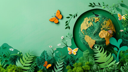 Earth day theme with paper cut globe and trees