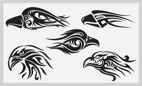 A set of tribal eagle heads vector illustrations. Great for vehicle graphics, stickers and T-shirt designs. 
Ethnic tribal mascot decals, ready for vinyl cutting.