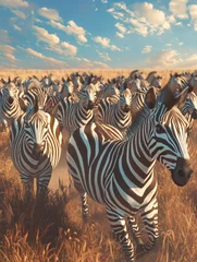 Foto op Canvas A herd of zebras running across the African plains, their stripes creating a mesmerizing pattern against the landscape,hyper realistic, low noise, low texture, surreal © North