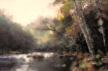 Photo painting, illustrated photo with oil painting effect. riverside landscape, Galician forest, fraga, Souto da Retorta,
