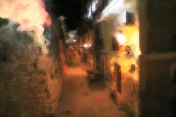 Photo painting, illustrated photo with oil painting effect. night view, Ibiza old town street, wall,