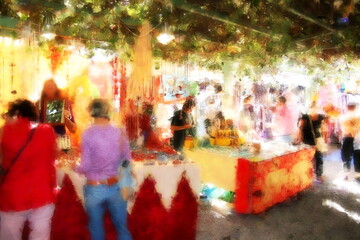 Photo painting, illustrated photo with oil painting effect. Hippie market in Ibiza, 