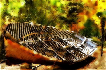 Photo painting, illustrated photo with oil painting effect. the boat from the Retiro Park pond, when it was removed to die,