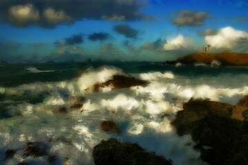 Photo painting, illustrated photo with oil painting effect. waves at the A Frouxeira lighthouse,