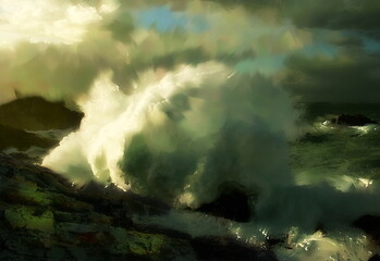 Photo painting, illustrated photo with oil painting effect. stormy sea in Cabo A Frouxeira, A Coruña, Galicia, Spain,