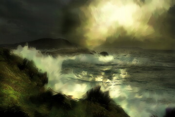 Photo painting, illustrated photo with oil painting effect. stormy sea in Cabo A Frouxeira, A Coruña, Galicia, Spain,