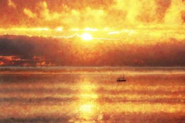 Photo painting, illustrated photo with oil painting effect. sunset in Ibiza, balearic islands, Spain,