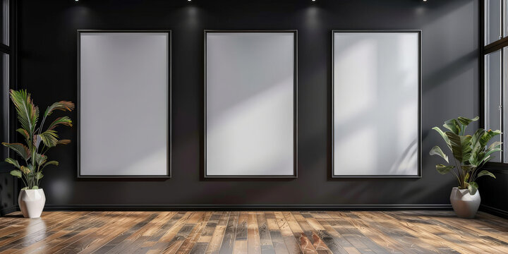  empty vertical frame on black wall mockup with wood floor background