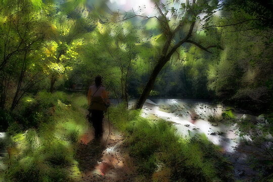 Photo painting, illustrated photo with oil painting effect. A walk in the woods, natural park, Souto da Retorta, Lugo, Galicia, Spain,