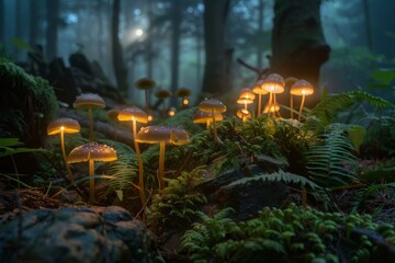 Enchanted mystical glade illuminated by bioluminescent mushrooms under a moonlit sky - Dense forest with a variety of mushrooms casting a soft ethereal glow created with Generative AI Technology