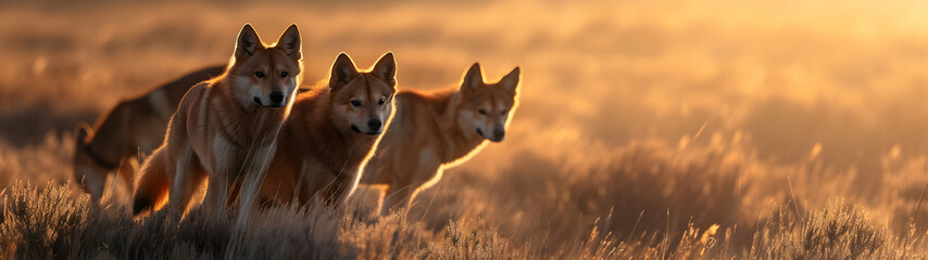 Dingo family standing in front of the camera in the rocky plains with setting sun. Group of wild animals in nature. Horizontal, banner.
