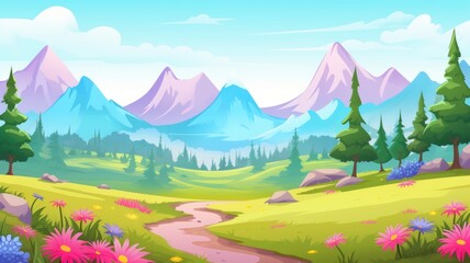 cartoon landscape with mountains, a path, and colorful flowers