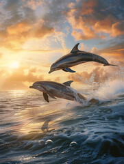 A pair of dolphins robot leaping joyfully from the ocean waves at dawn, symbolizing freedom and playfulness, documentary photo,hyper realistic, low noise, low texture, surreal