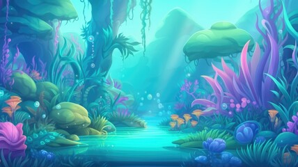 Fototapeta na wymiar cartoon underwater scene with colorful corals, fish, and serene ocean view