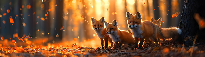 Foxes standing in the forest with setting sun shining. Group of wild animals in nature. Horizontal, banner. - obrazy, fototapety, plakaty