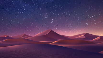 Minimalistic night landscape of desert dunes under a mesmerizing gradient starry sky