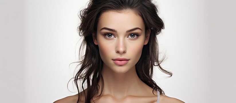 A closeup image captures a female fashion model with long hair, prominent nose, defined jawline, and delicate eyelashes against a white background