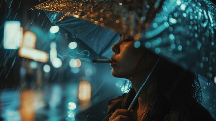 Noir Romance: Woman with Umbrella Smoking in the Rain at Night