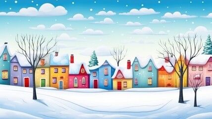 cartoon snowy village with cozy houses, trees, and mountains