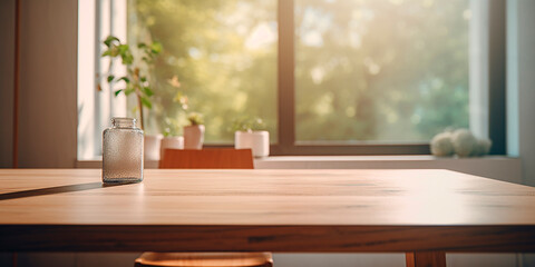 Photorealistic image of a clean wooden table in the kitchen, the sun is shining through the window.