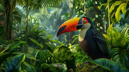 Zelfklevend Fotobehang A vibrant toucan perched in the Amazon rainforest, its vivid colors standing out against the green foliage,hyper realistic, low noise, low texture, surreal © North