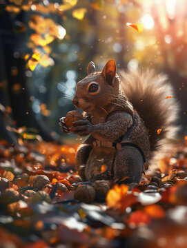 A squirrel robot nibbling on a nut amidst a carpet of autumn leaves