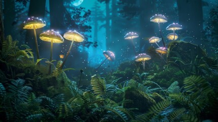 Fototapeta na wymiar Enchanted mystical glade illuminated by bioluminescent mushrooms under a moonlit sky - Dense forest with a variety of mushrooms casting a soft ethereal glow created with Generative AI Technology