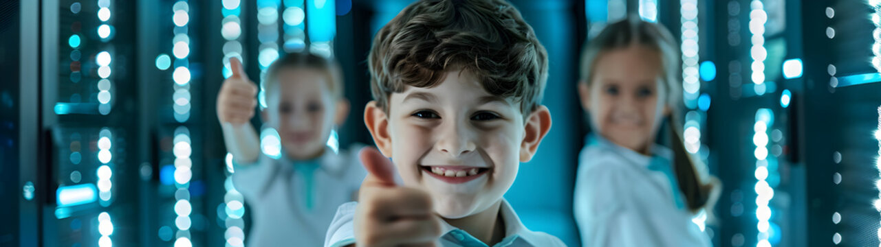 Group of children doing their dream job as IT Specialists in the server room. Concept of Creativity, Happiness, Dream come true and Teamwork.