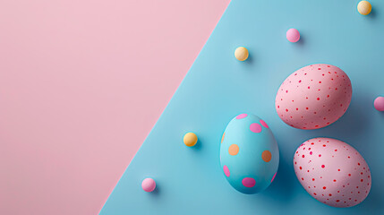 Fototapeta premium Easter eggs on blank background with pastel colours, leaving ample space for text.